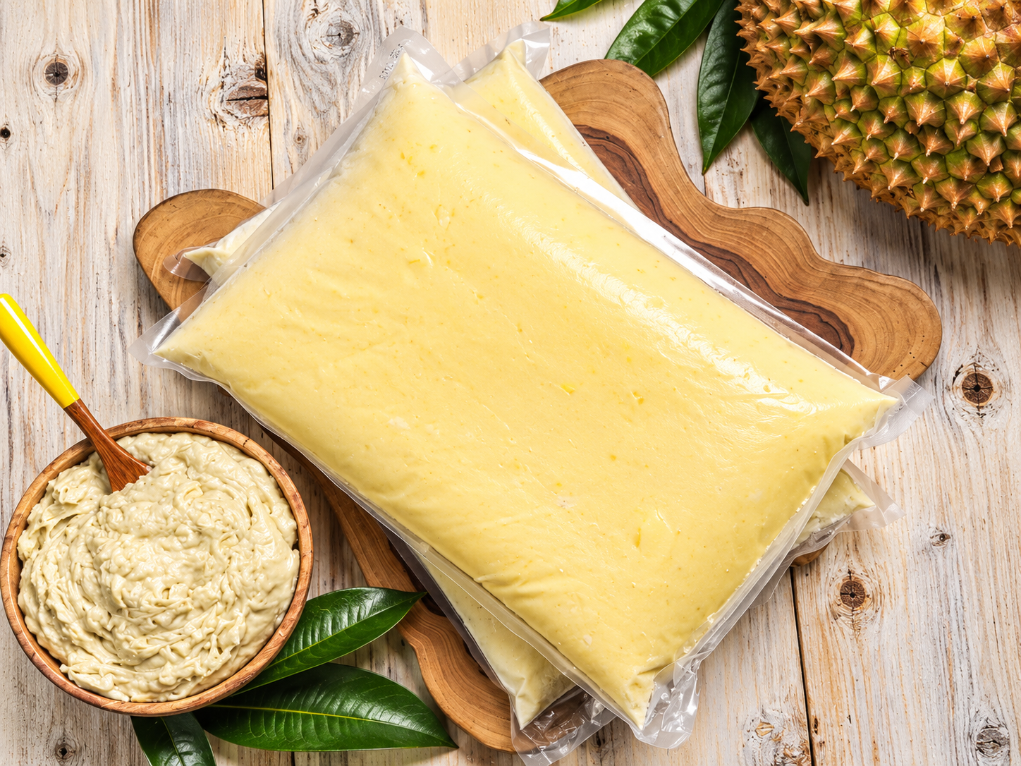 Sealed clear pouch of creamy yellow durian puree beside a small bowl and durian on a wooden tabletop.