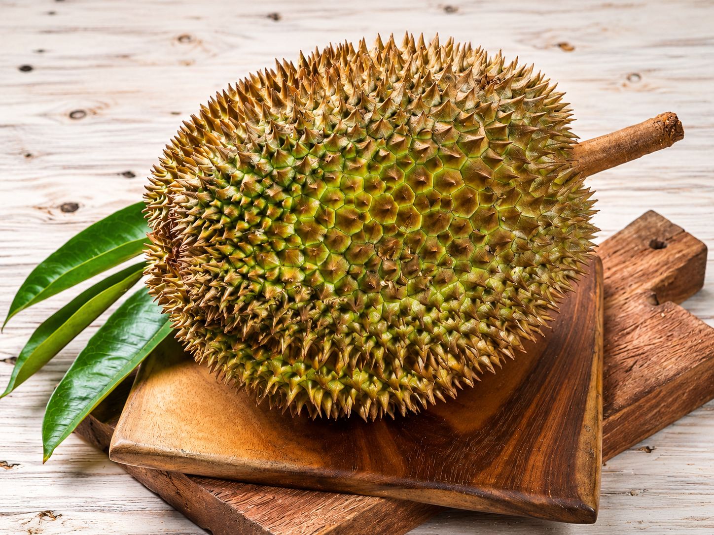 Whole spiky durian with green leaves resting on a wooden board.